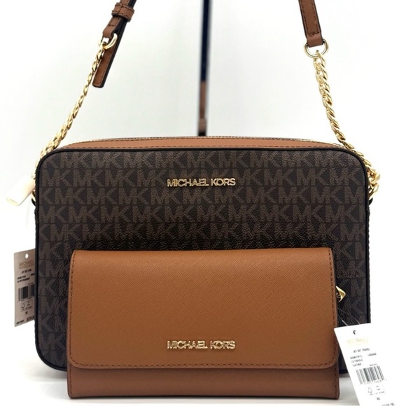Michael Kors Large EW Crossbody Bag & Trifold Wallet Set Brown/Luggage - Picture 1 of 11